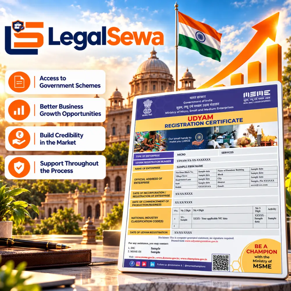 Udyam Registration certificate graphic with LegalSewa branding and MSME benefits