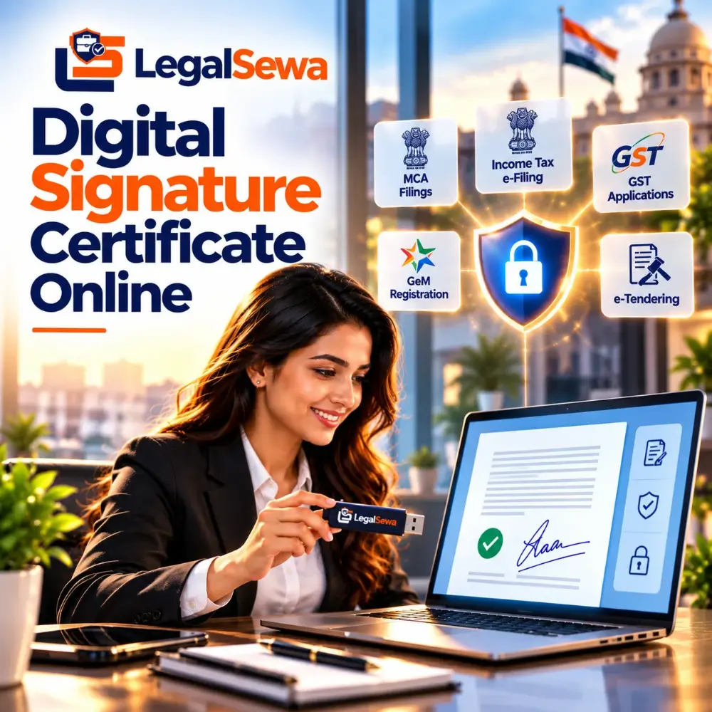 Digital Signature Certificate online application assistance from LegalSewa, with a USB DSC token and digitally signed document.